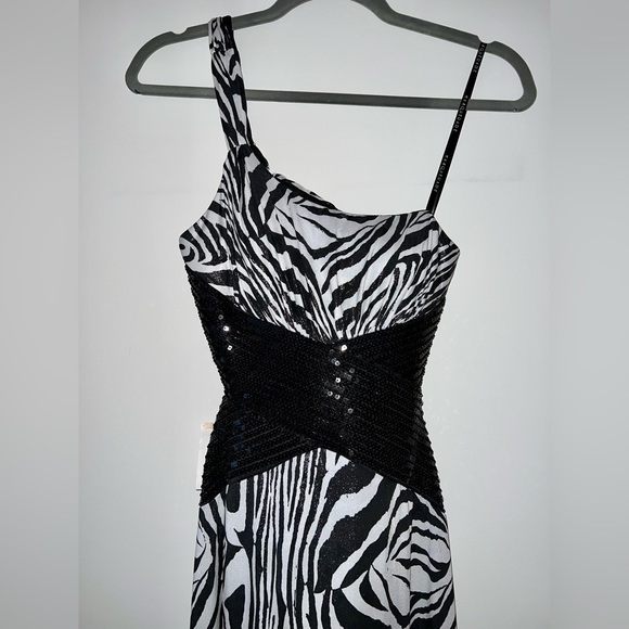 Gorgeous One Shoulder Zebra Print Black and White Sequin Dress / Gown - Picture 2 of 7